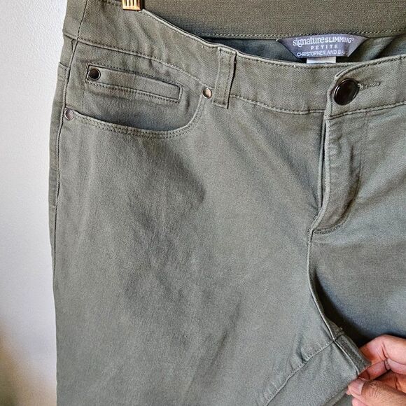 EUC CHRISTOPHER & BANKS SIGNATURE SLIMMING PETITE CAMO GREEN STRETCHY PANTS 12P - Picture 6 of 12